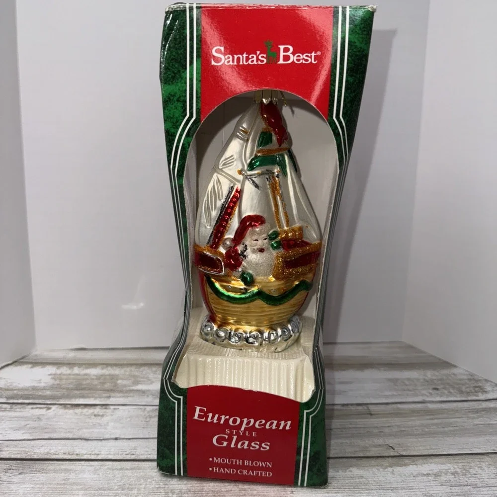 Vintage Santa's Best Blown Glass Christmas Ornament Nautical Santa boat 6.5